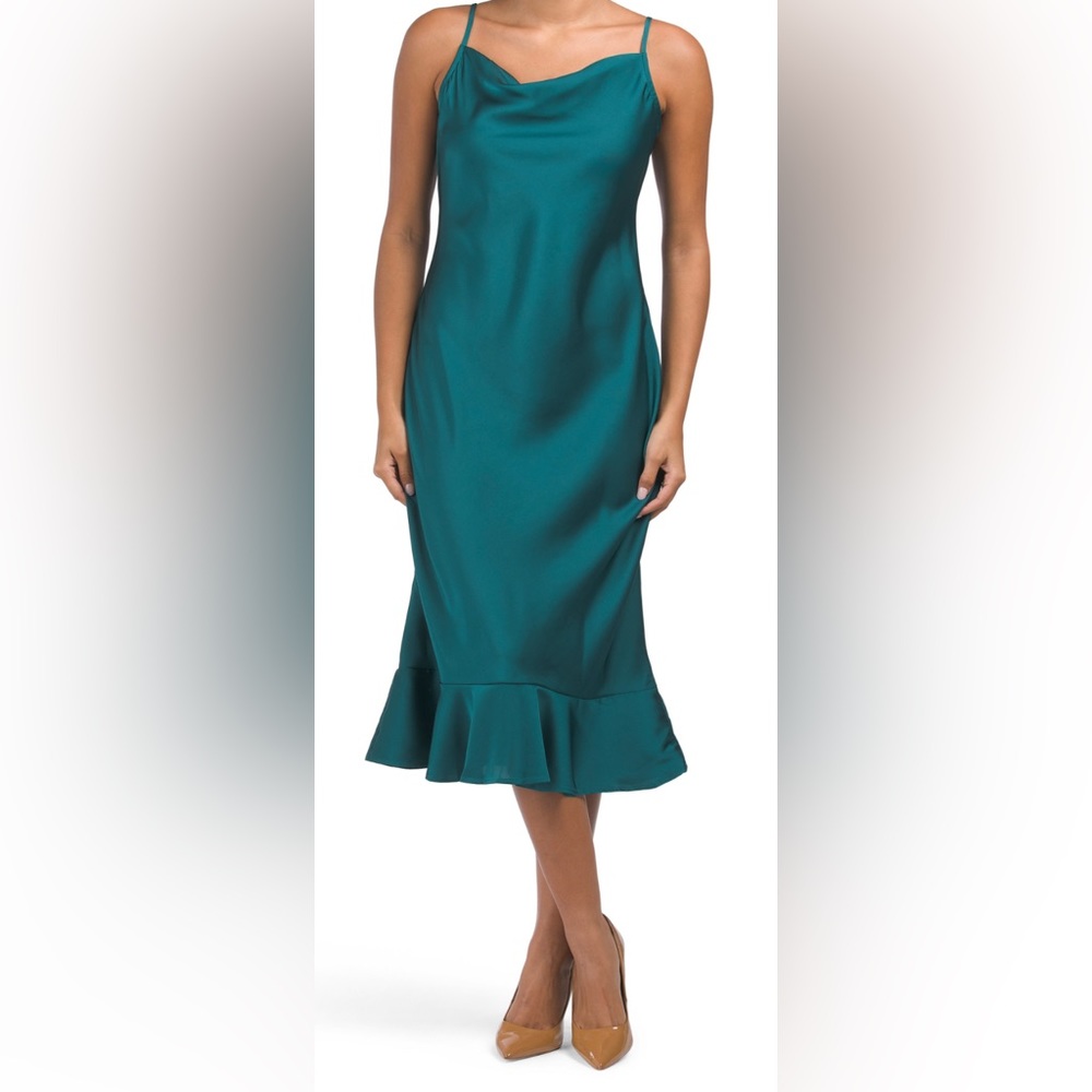 Satin Midi Dress with Ruffle Trim